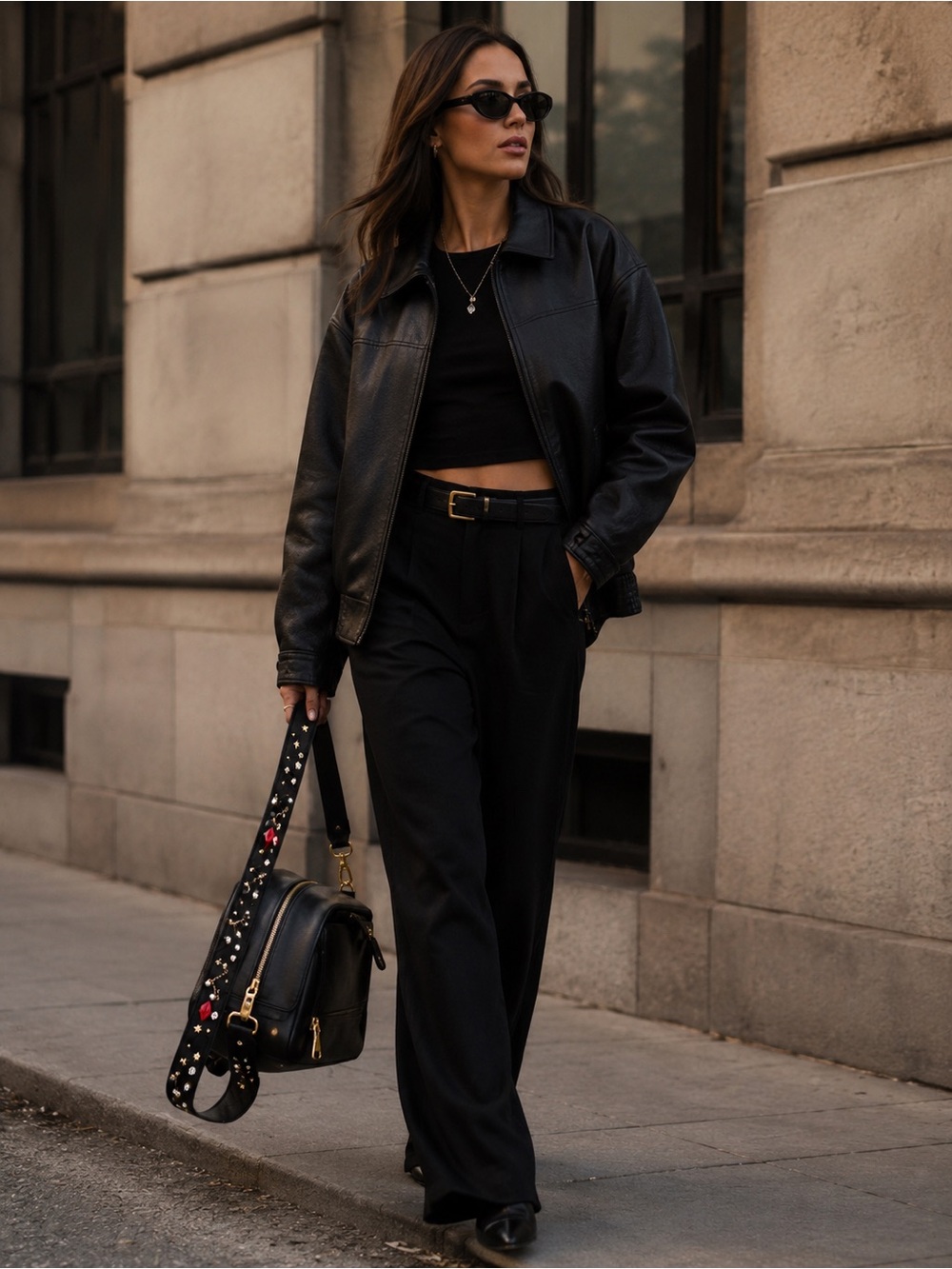 Black Embellished Shoulder Strap with Red Accent